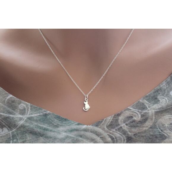 Sterling Silver Tiny Sitting Cat Charm Necklace, Simple Cat Cut Out Necklace - Picture 2 of 2